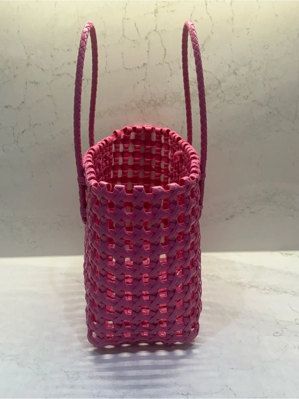 Bright Pink Woven Tote Bag with Braided Handles
